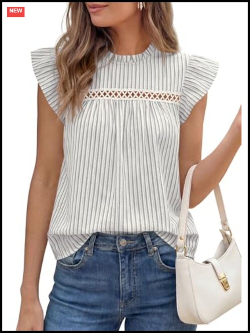 Womens Striped Ruffle Cap Sleeve Blouse Crochet Lace Summer Top